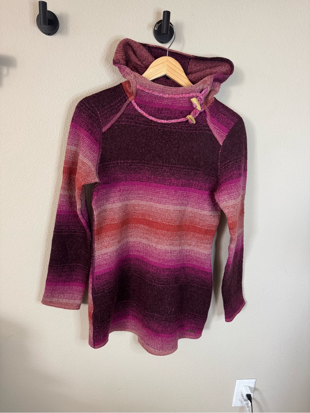 prAna Kirsten Hooded Sweater Pink Purple Stripe Toggle Neck Wool Blend S